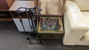 Brass mounted coal box together with a fire tool set with stand