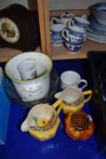 Mixed Lot: Various pottery jugs, jardiniere, coloured glass flower vase and other items