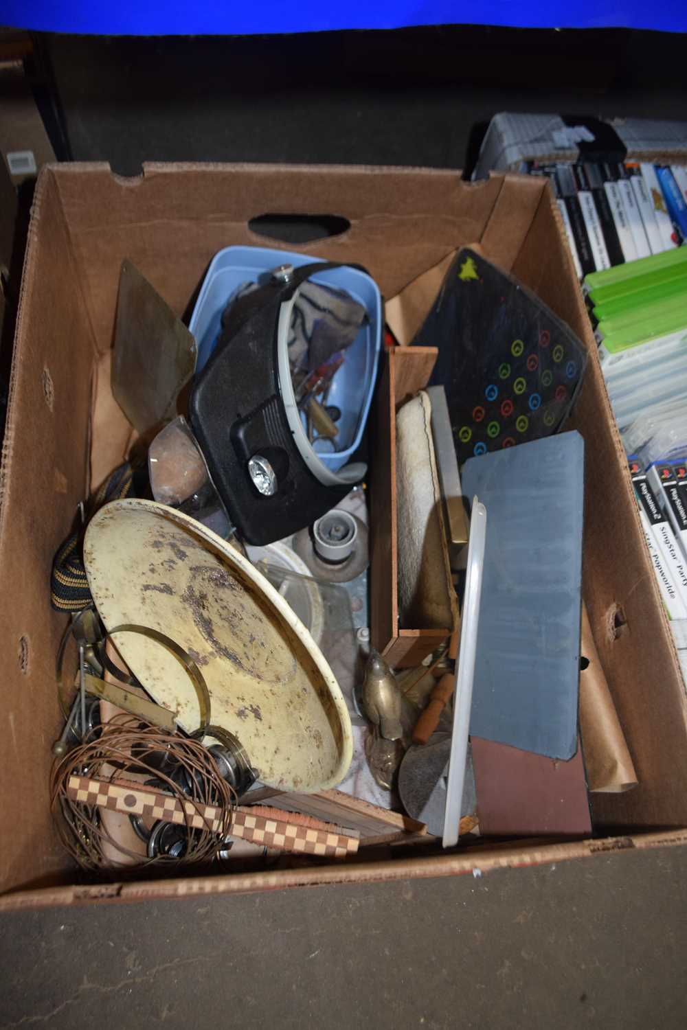 Box of various vintage tools and garage clearance items