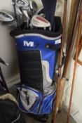 Blue Ben Sayers M7 golf bag and various clubs