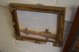 Contemporary school study of a Broadland scene with windmills, oil on board, gilt framed