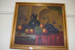 Contemporary still life study of a jug and various fruit, oil on board, indistinctly signed, gilt