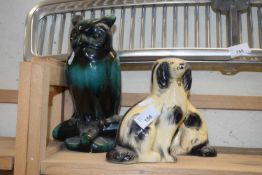 Pair of pottery spaniels and a pottery owl (3)