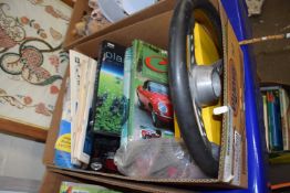 Box of various assorted books, vintage steering wheel, motorcycle magazines and other items