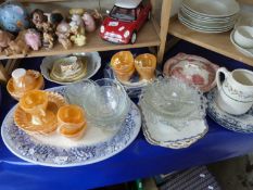 Large Mixed Lot: Oval meat plate, orange lustre glass cups and saucers, various blue and white