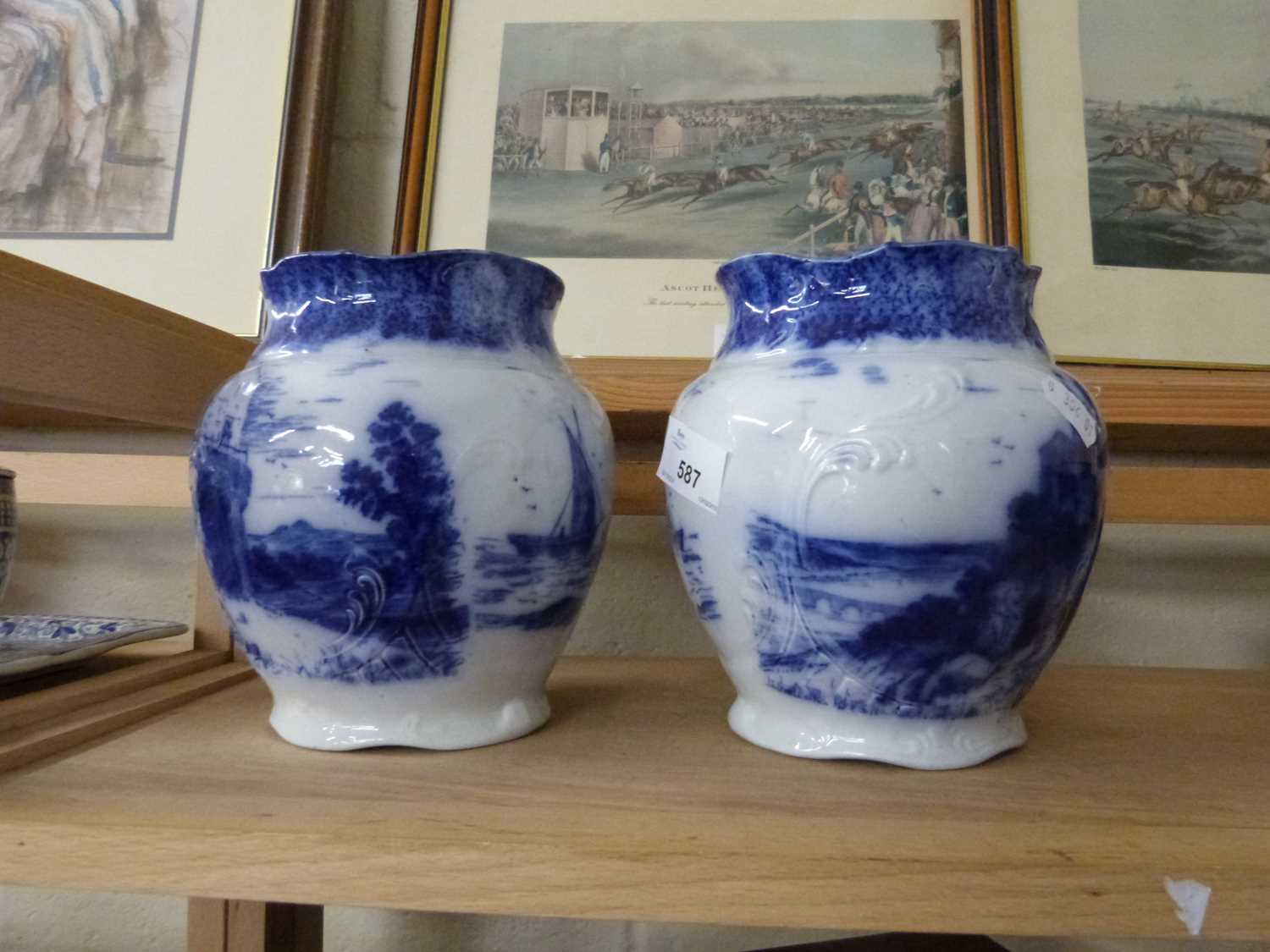 Pair of 20th Century blue and white vases of bulbous form