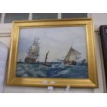 20th Century school study of ships on rough sea, oil on canvas