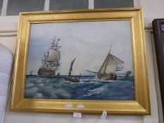 20th Century school study of ships on rough sea, oil on canvas