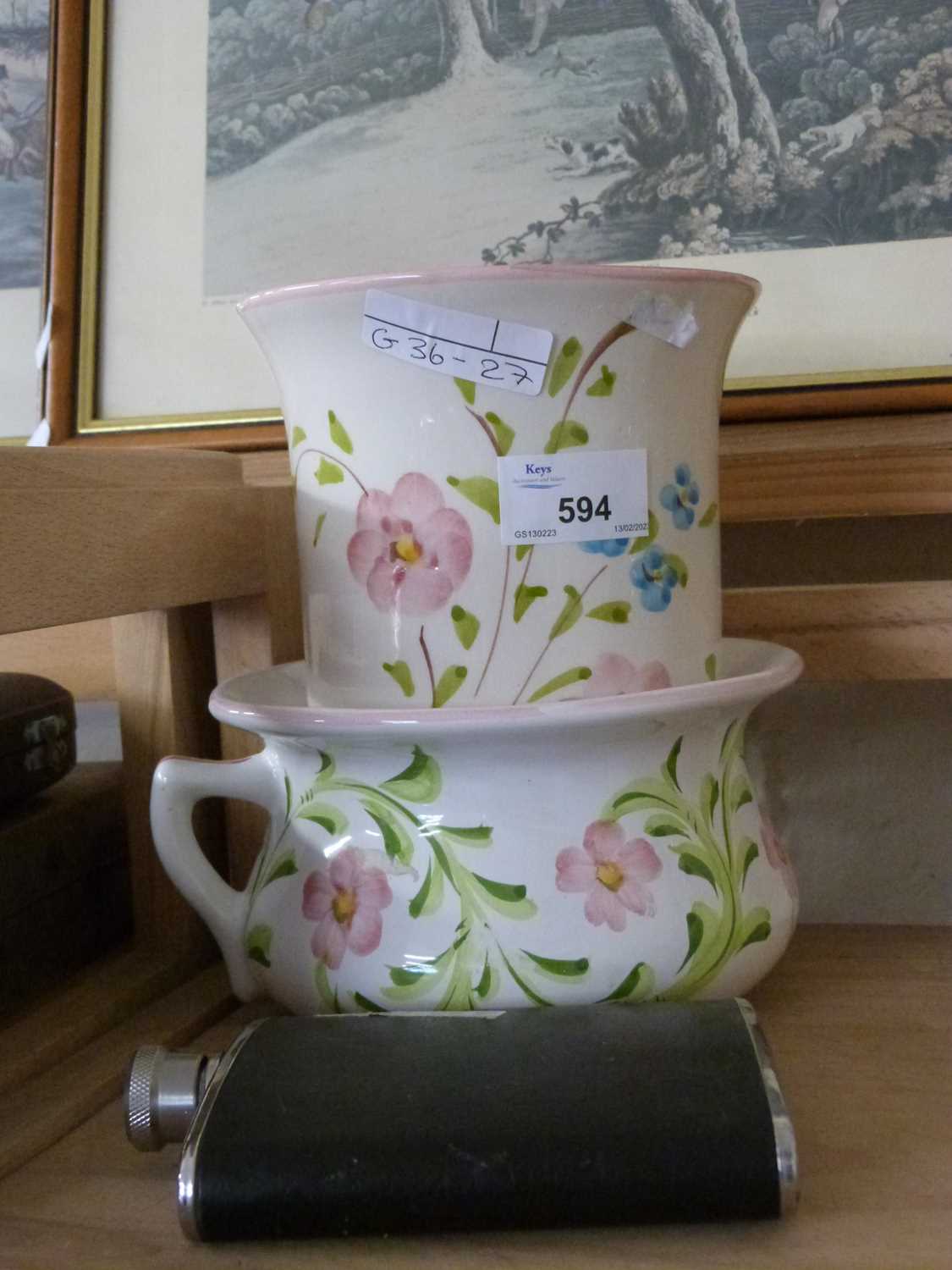 Modern china chamber pot with similar jardiniere and a stainless steel hip flask (3)