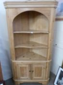 Waxed pine corner cabinet with base cupboard