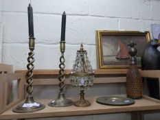 Mixed Lot: Pair of brass barley twist candlesticks together with a table lamp, vintage soda syphon