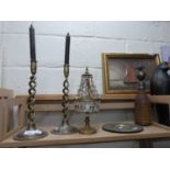 Mixed Lot: Pair of brass barley twist candlesticks together with a table lamp, vintage soda syphon