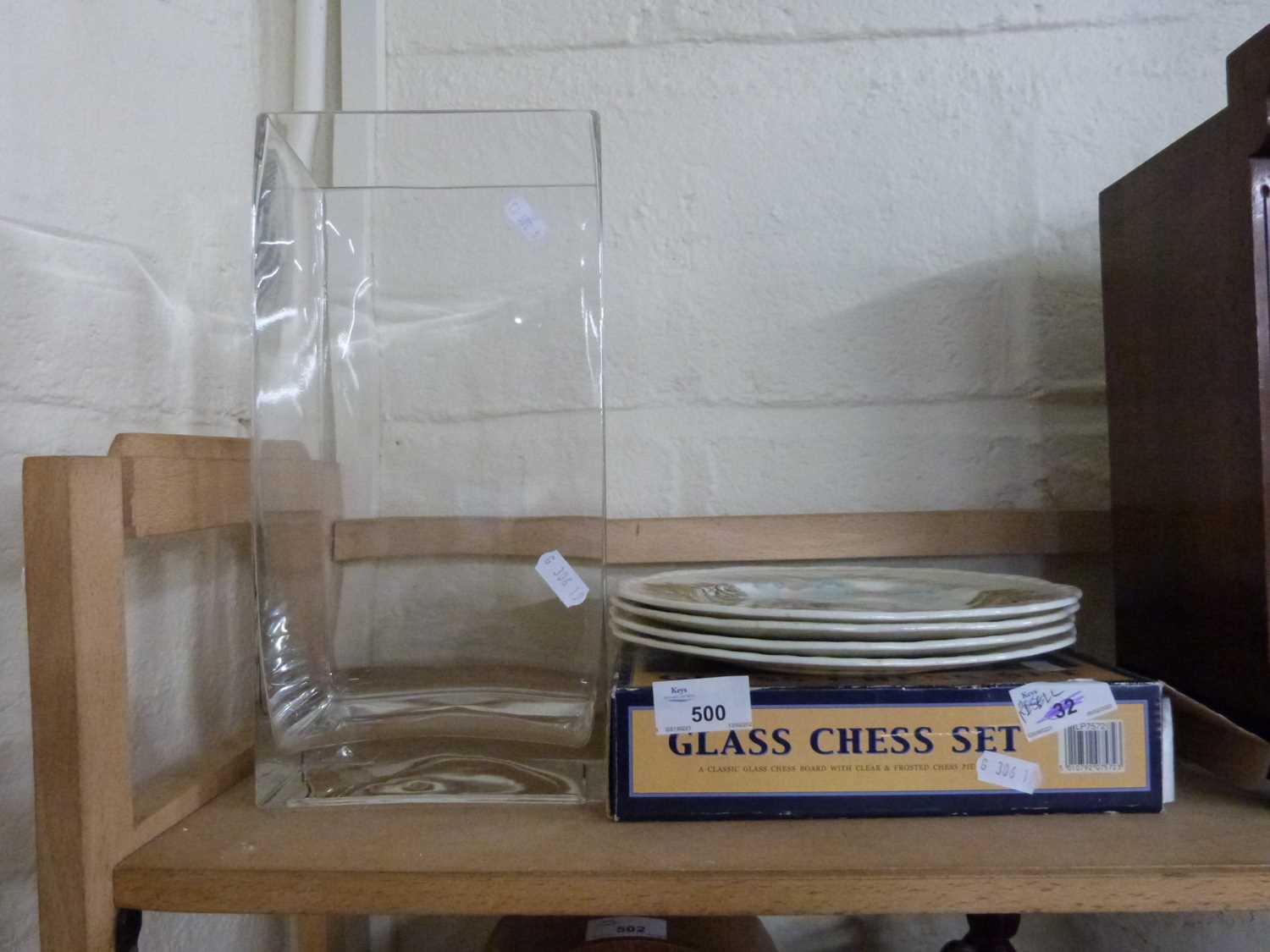 Mixed Lot: Boxed glass chess set, various plates, glass vase etc