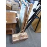 Two floral upholstered deck chairs and wicker hamper (3)
