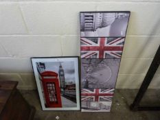 Coloured print of a red telephone box together with a further screen print of views of London (2)