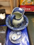 Reproduction iron stone wash jug and bowl together with other blue and white ceramics