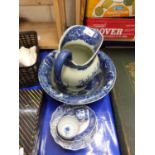 Reproduction iron stone wash jug and bowl together with other blue and white ceramics