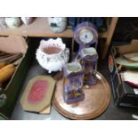 Mixed Lot: Three piece clock garniture, copper tray, jardiniere etc