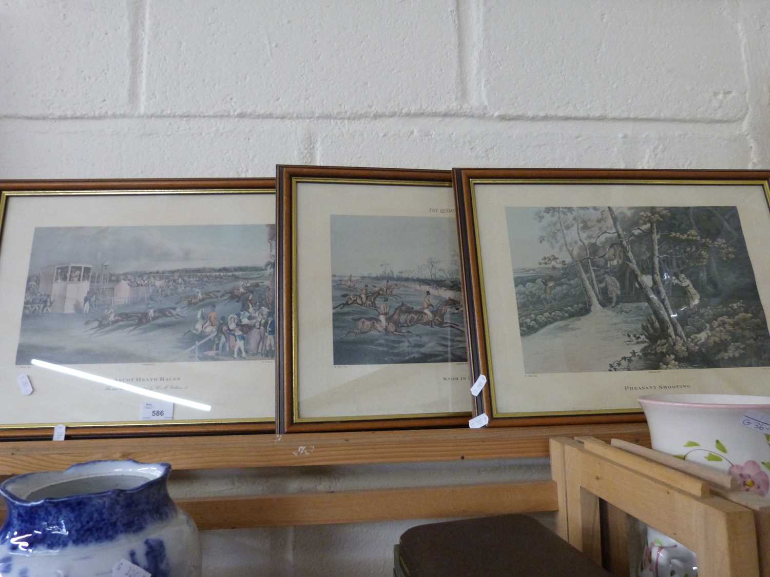 Group of three reproduction horse racing and shooting prints, framed and glazed