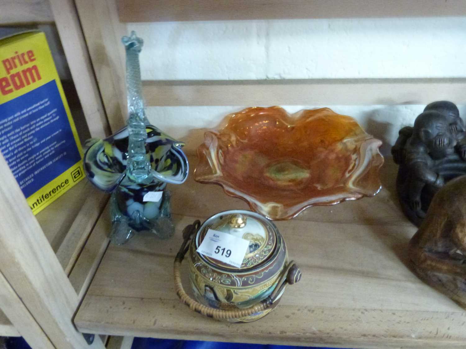 Murano glass table basket, a carnival glass dish and a small Japanese sugar basin (3)