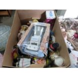 Box of various costume dolls, a Confused.com robot etc