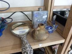 Silver back dressing table hand mirror, a hip flask and other items