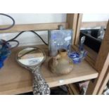 Silver back dressing table hand mirror, a hip flask and other items