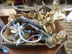 Box of various brass light fittings, mixer tap and other items
