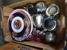 One box of various commemorative plates, vintage chrome teaset and other items