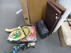 Mixed Lot: Boxed glass chess set, various children's toy shields and swords, a portable typewriter