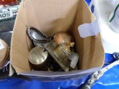 Box of various mixed items to include cow bell, ink well etc