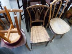 Edwardian rush seated bedroom chair together with a further bent wood chair, a stick back chair