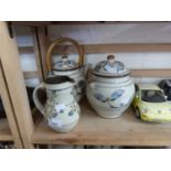 Group of three Studio Pottery items comprising teapot, covered jar and a jug marked IYA to base