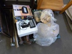 Two boxes of various items to include vintage bed legs, bellows, frame, various pine acorn