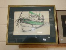 Pencil and watercolour study of a fishing boat, indistinctly signed possibly Chris Dean, framed