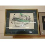 Pencil and watercolour study of a fishing boat, indistinctly signed possibly Chris Dean, framed