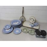 Mixed Lot: Various Wedgwood Jasper ware Christmas plates, similar trinket boxes, pin trays, black