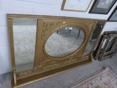 19th Century three panelled over mantel mirror in foliate moulded frame with later gilt painting