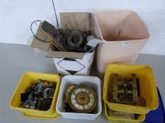 Mixed Lot: Boxes of various assorted clock spares, small mechanisms for music boxes and other