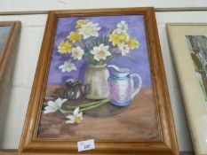 Mary Nuttall, still life study of daffodils and narcissus, oil on board