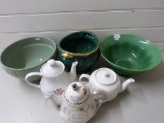 Mixed Lot: A pressed green glass bowl, two further jardiniere's and three teapots (6)