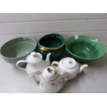 Mixed Lot: A pressed green glass bowl, two further jardiniere's and three teapots (6)