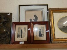 Pair of small silhouette portraits in stained wooden frames together with a further larger