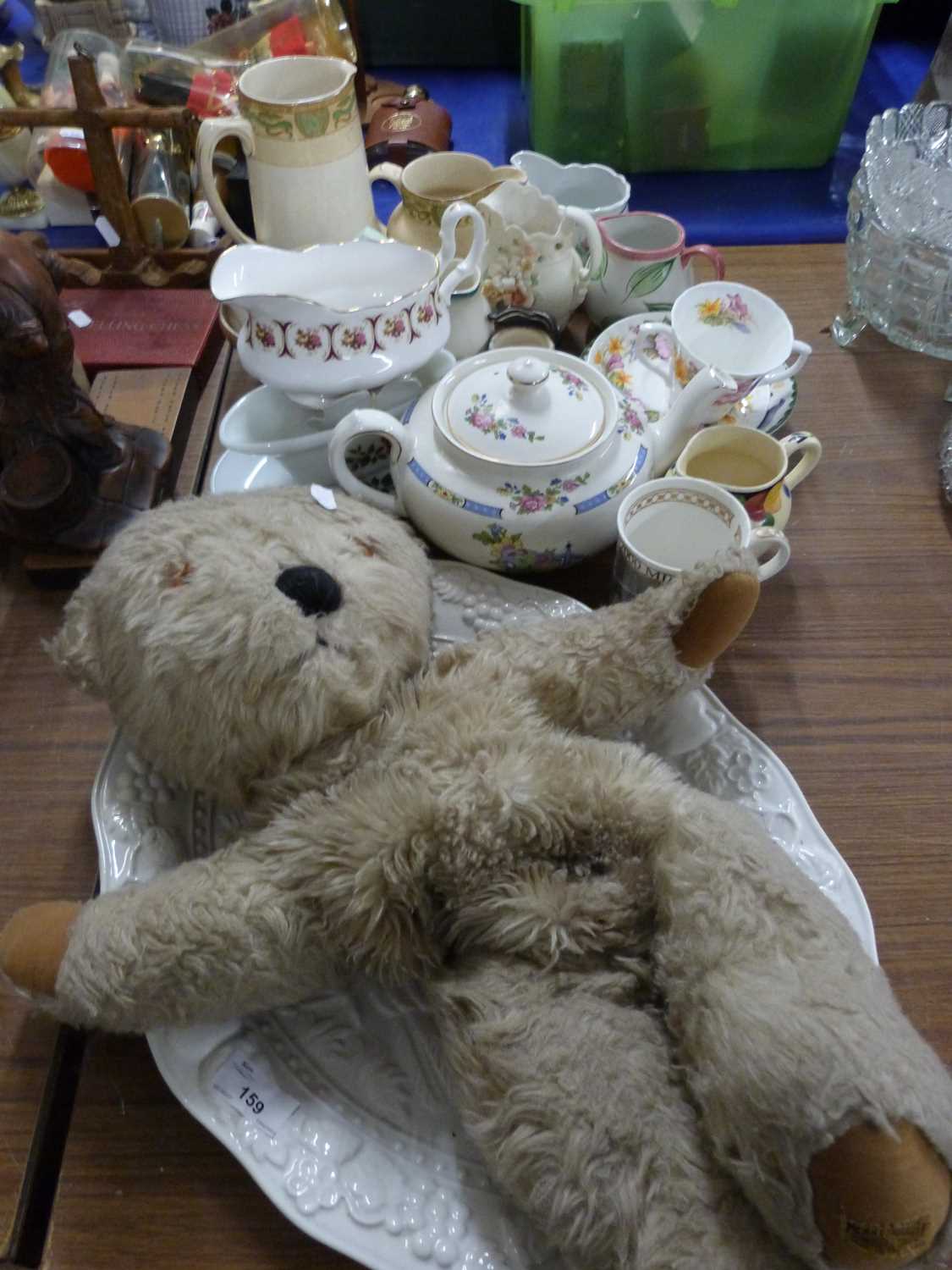 Mixed Lot: Various assorted jugs, turkey plate and a vintage teddy bear plus other ceramics