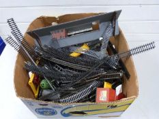 Box of various 00 gauge model railway track and assorted buildings and accessories