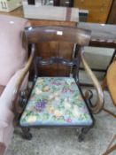 19th Century mahogany bar back and scroll arm carver chair with floral tapestry seat