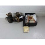 Mixed Lot: A pair of vintage military binoculars together with a hip flask marked Burberry