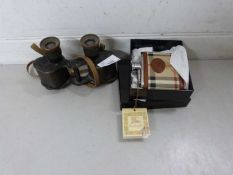 Mixed Lot: A pair of vintage military binoculars together with a hip flask marked Burberry