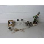 Mixed Lot: Pewter shot glasses, cruet items, various cutlery, napkin rings and a rifle brigade