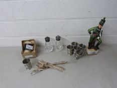 Mixed Lot: Pewter shot glasses, cruet items, various cutlery, napkin rings and a rifle brigade